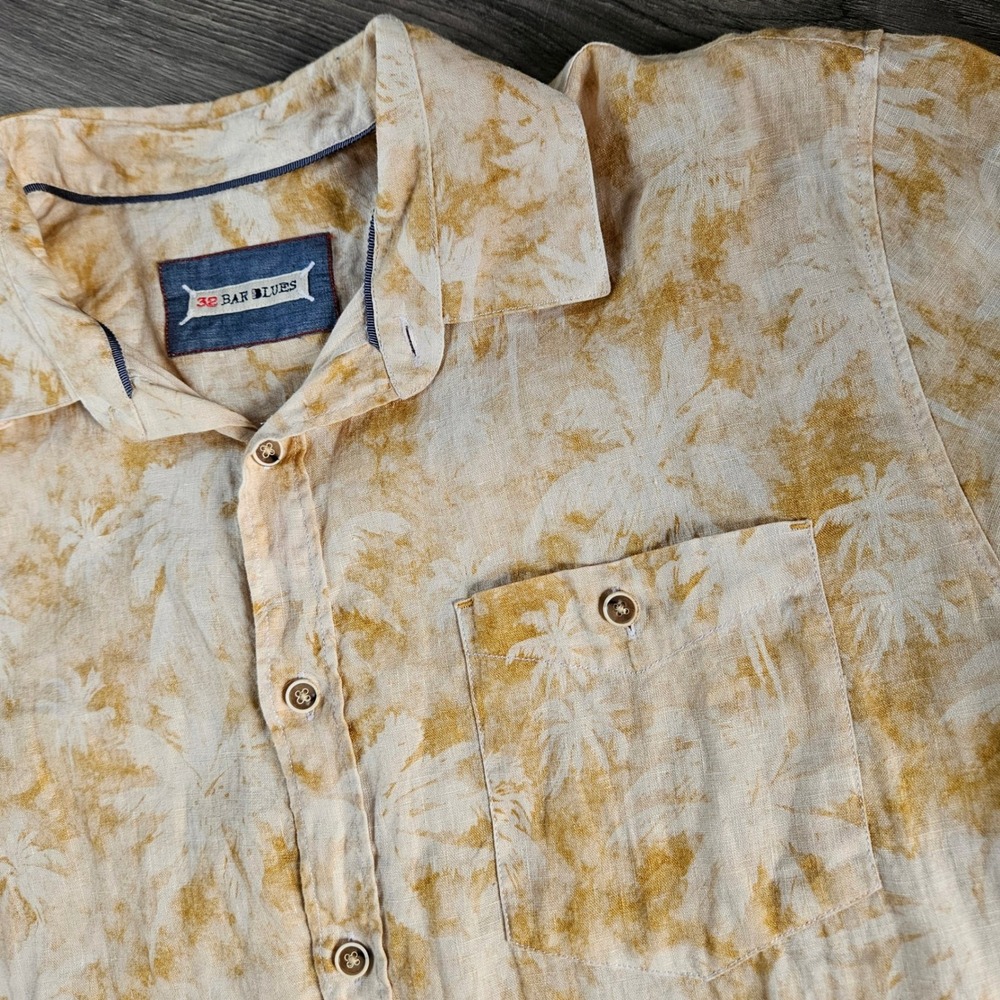 32 Bar Blues Mens Short Sleeve Linen Palm Print Button Down Shirt Tan Cream L - Picture 8 of 10